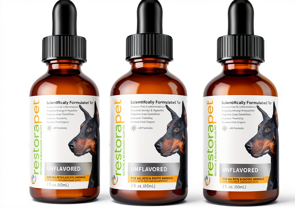 RestoraPet AM supplement bottles beside a happy dog