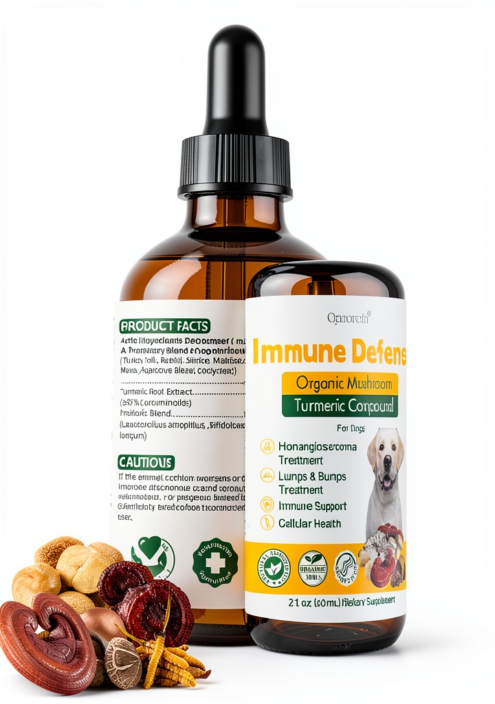 Installing Qanoreth Dog Mushroom Supplement Immune Support on a wooden desk
