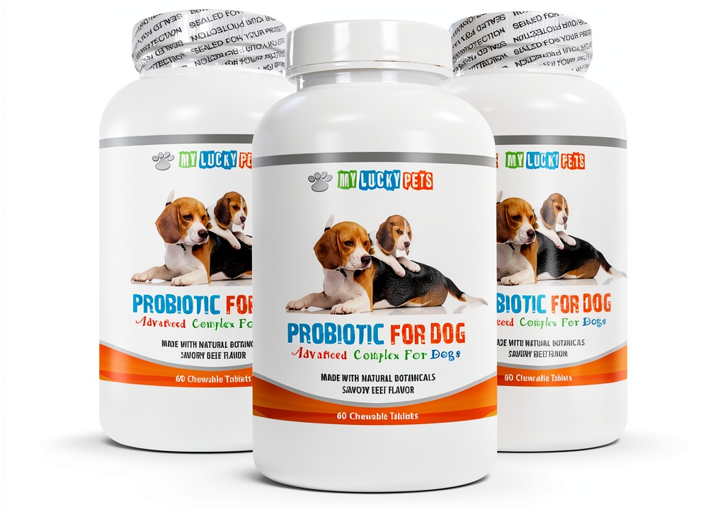 My Lucky Pets Probiotic Supplement bottle with dosage instructions