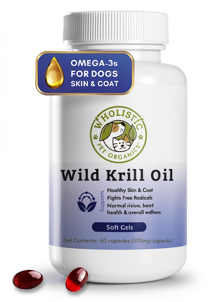Installing Wholistic Krill Oil Dog Supplement Skin Coat Joint Health on a wooden desk