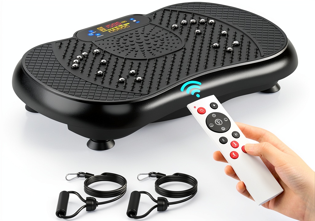 PBYRD Vibration Platform Remote Touch LED 999RPM setup on a wooden floor in a small home gym